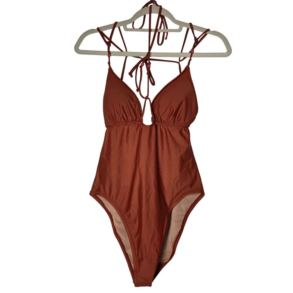 J. Crew‎ Re-Imagined One Piece Swimsuit Size 10 Rust Orange Strappy Bead Halter
